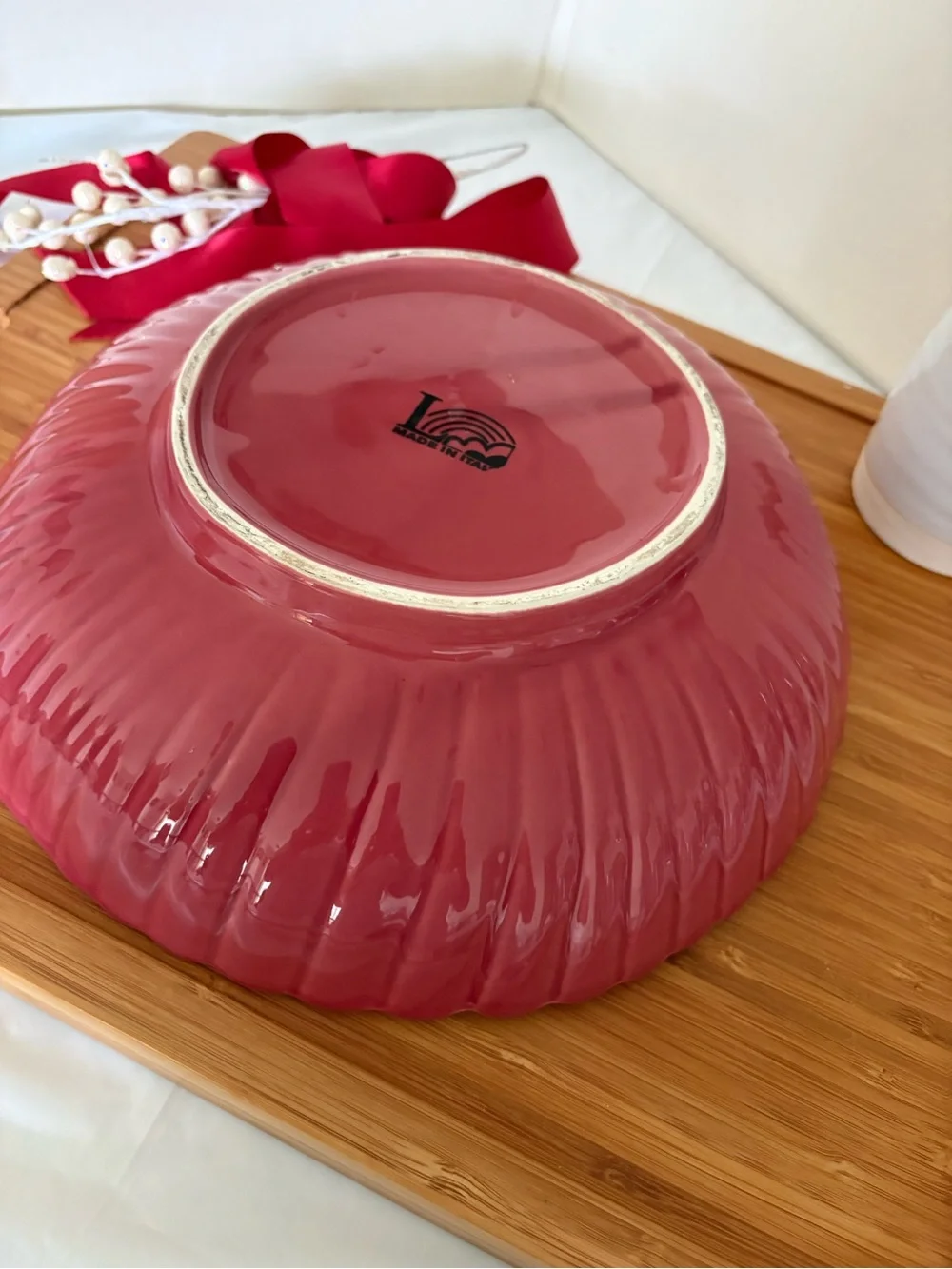 Vintage Banana Leaf Pattern Serving Bowl Maroon By L Made in Italy
